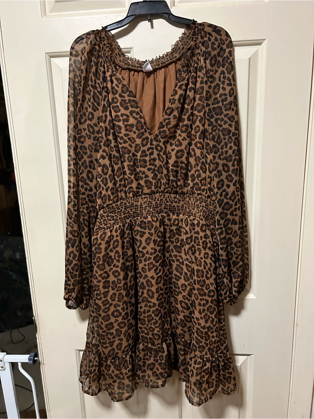 Old Navy Brown Leopard Print Long Sleeve Smocked Waist Dress